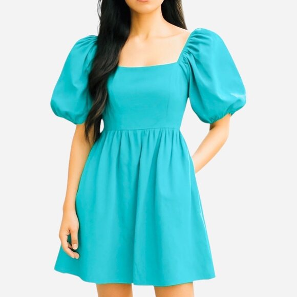 A New Day Women Smoked Open Back Turquoise Puff Sleeve Mini Dress Size Small NWT - Picture 1 of 11